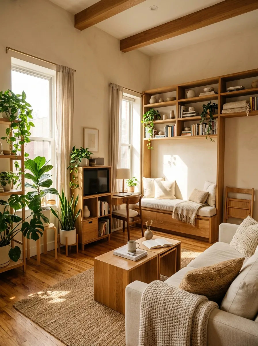 Small living room with built-in bench storage, open shelving and plants