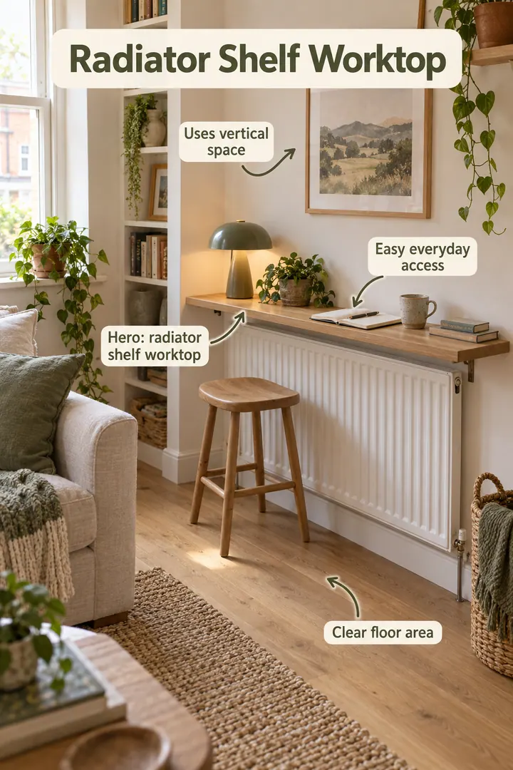 Small living room with a slim shelf above a radiator used as a writing ledge showing radiator shelf worktop in a warm realistic compact home.