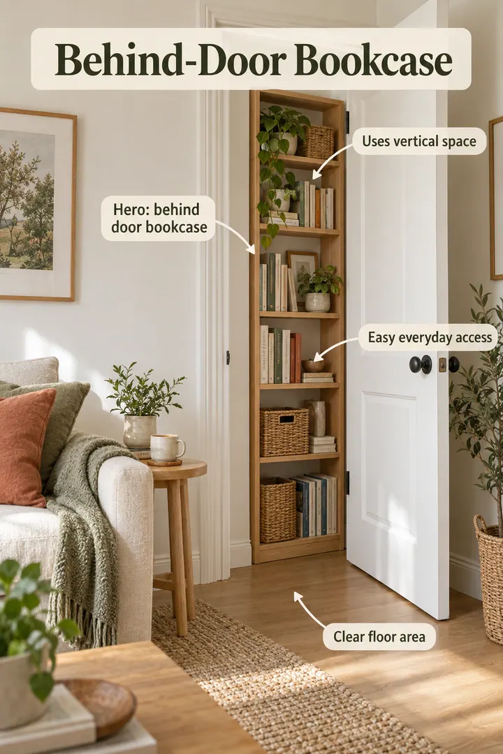 Compact lounge with a shallow bookcase tucked behind the open door showing behind door bookcase in a warm realistic compact home.