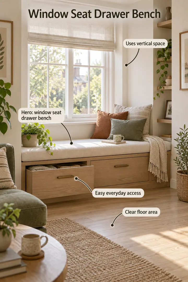 Small lounge window with a cushioned bench and wide pull-out drawers showing window seat drawer bench in a warm realistic compact home.