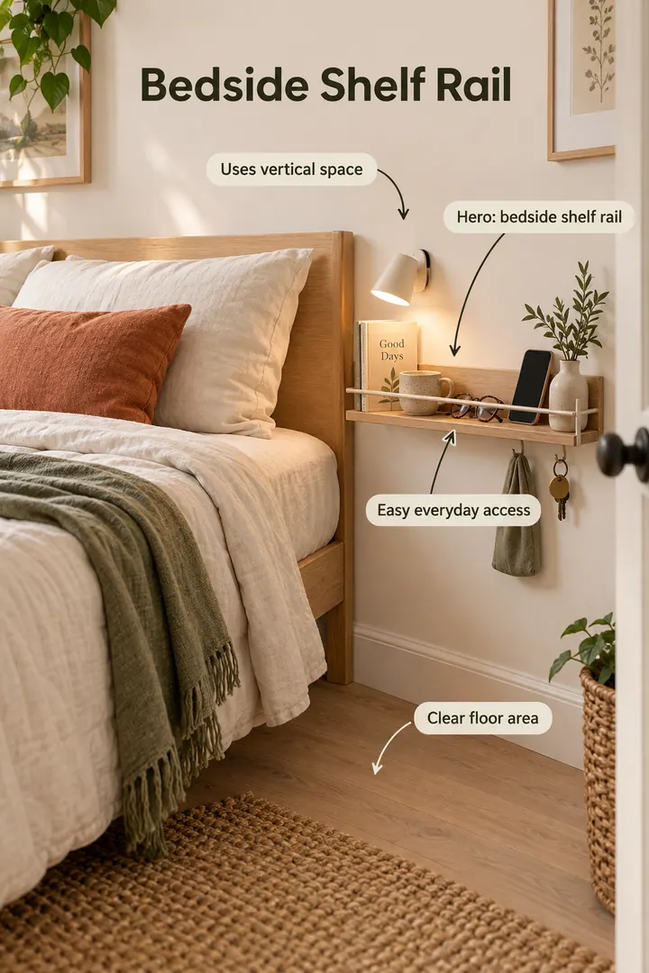 Compact bedroom with a narrow wall-mounted shelf rail beside the bed showing bedside shelf rail in a warm realistic compact home.