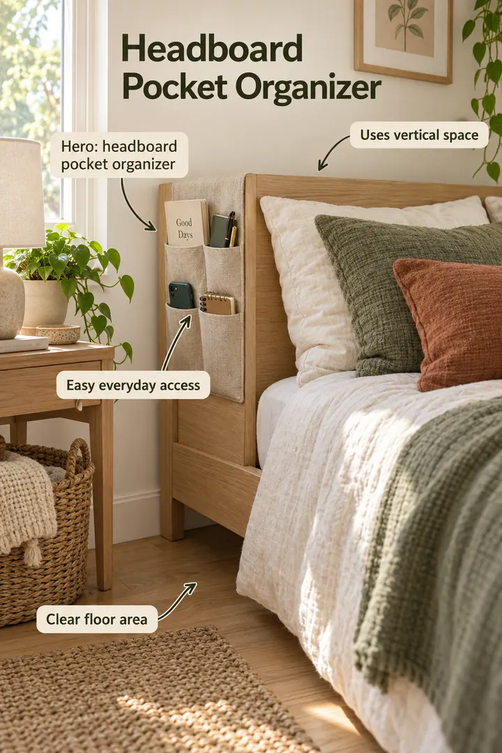 Small bedroom with a fabric pocket organizer secured to the back of the headboard showing headboard pocket organizer in a warm realistic compact home.