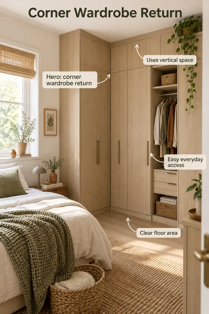 Small bedroom with a wardrobe return fitted into a tight corner showing corner wardrobe return in a warm realistic compact home.