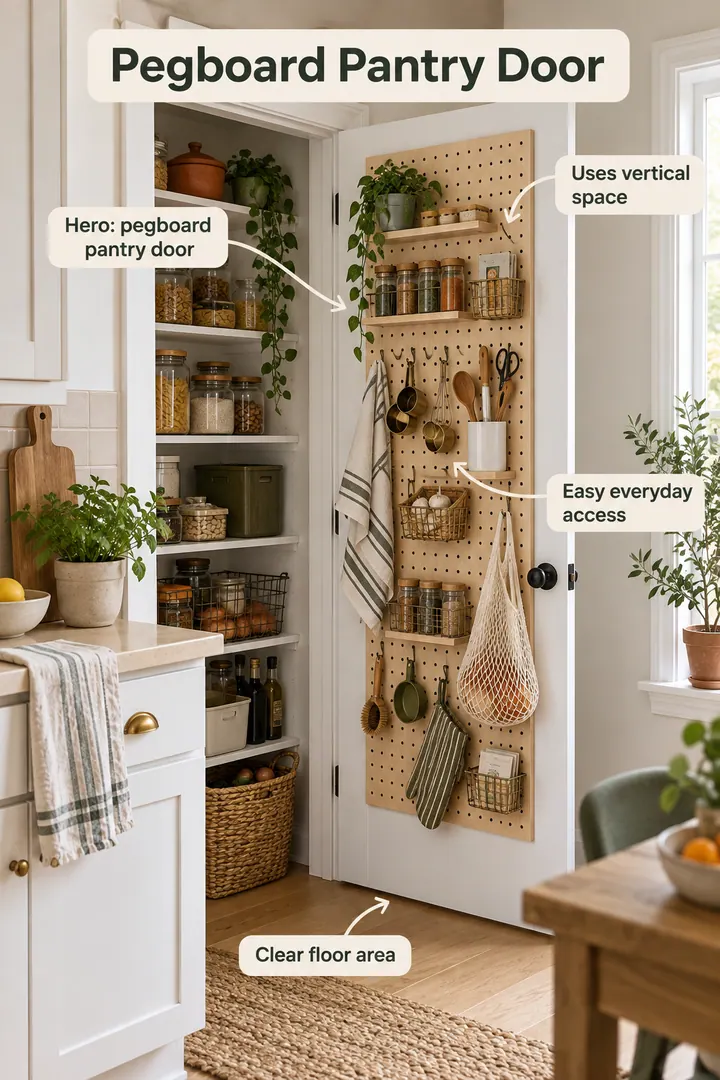 Small rental kitchen with a pegboard organizer mounted inside a pantry door showing pegboard pantry door in a warm realistic compact home.