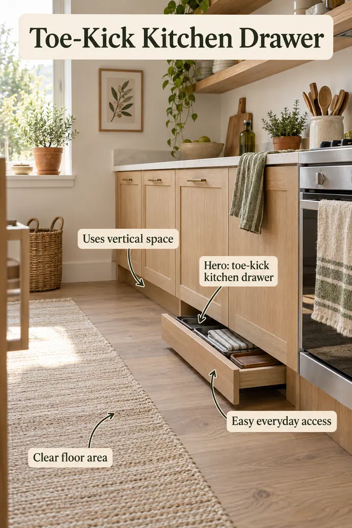 Compact kitchen showing a discreet toe-kick drawer under lower cabinets showing toe-kick kitchen drawer in a warm realistic compact home.