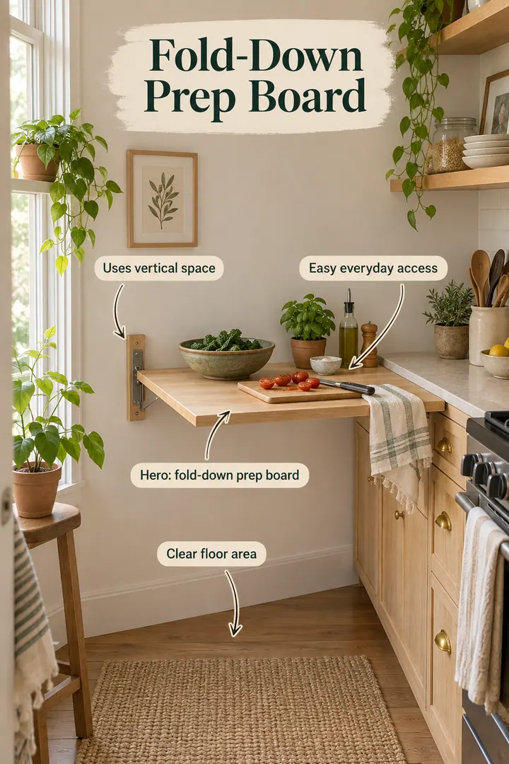 Tiny kitchen with a hinged fold-down prep board beside the counter showing fold-down prep board in a warm realistic compact home.