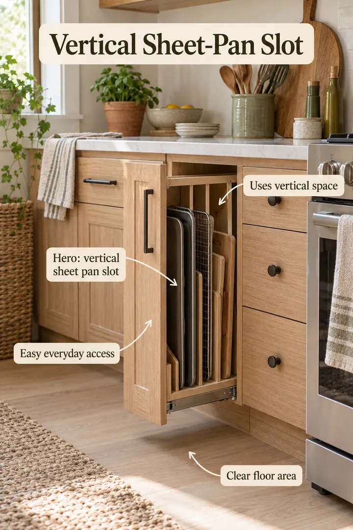 Narrow kitchen cabinet with baking trays stored upright in dividers showing vertical sheet pan slot in a warm realistic compact home.