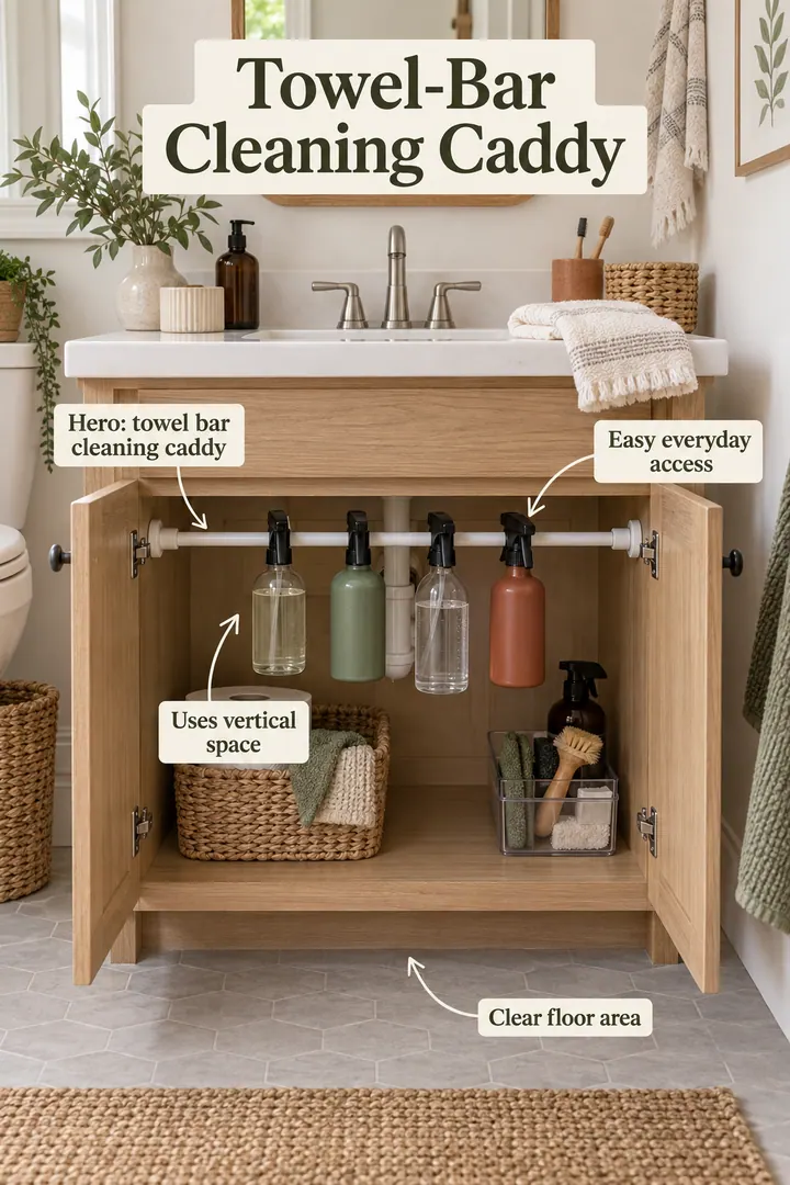 Small bathroom vanity with a tension-mounted towel bar holding spray bottles showing towel bar cleaning caddy in a warm realistic compact home.