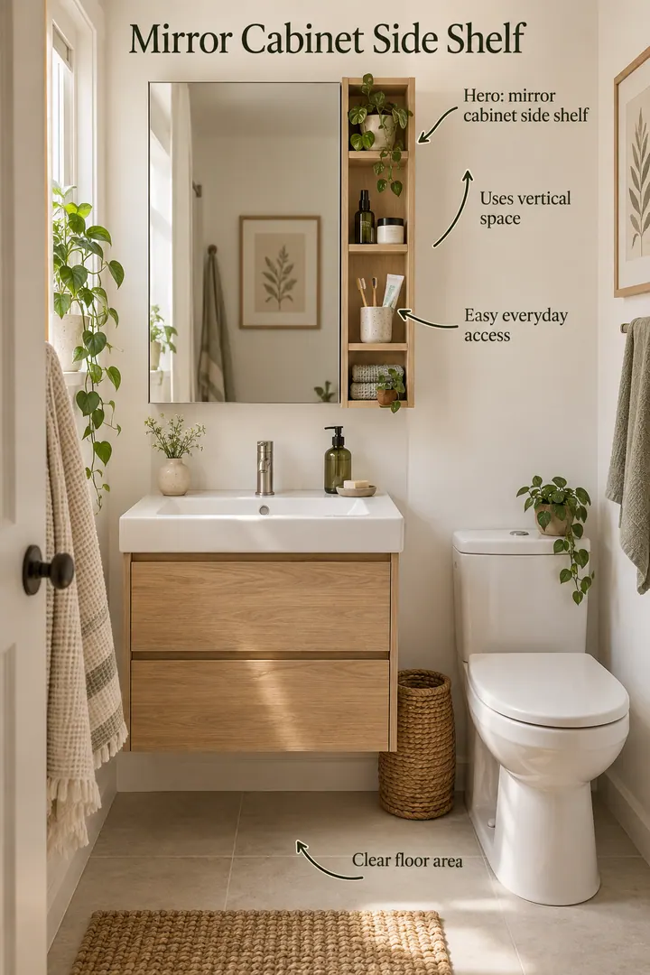 Compact bathroom with a slim side shelf attached beside a mirrored cabinet showing mirror cabinet side shelf in a warm realistic compact home.