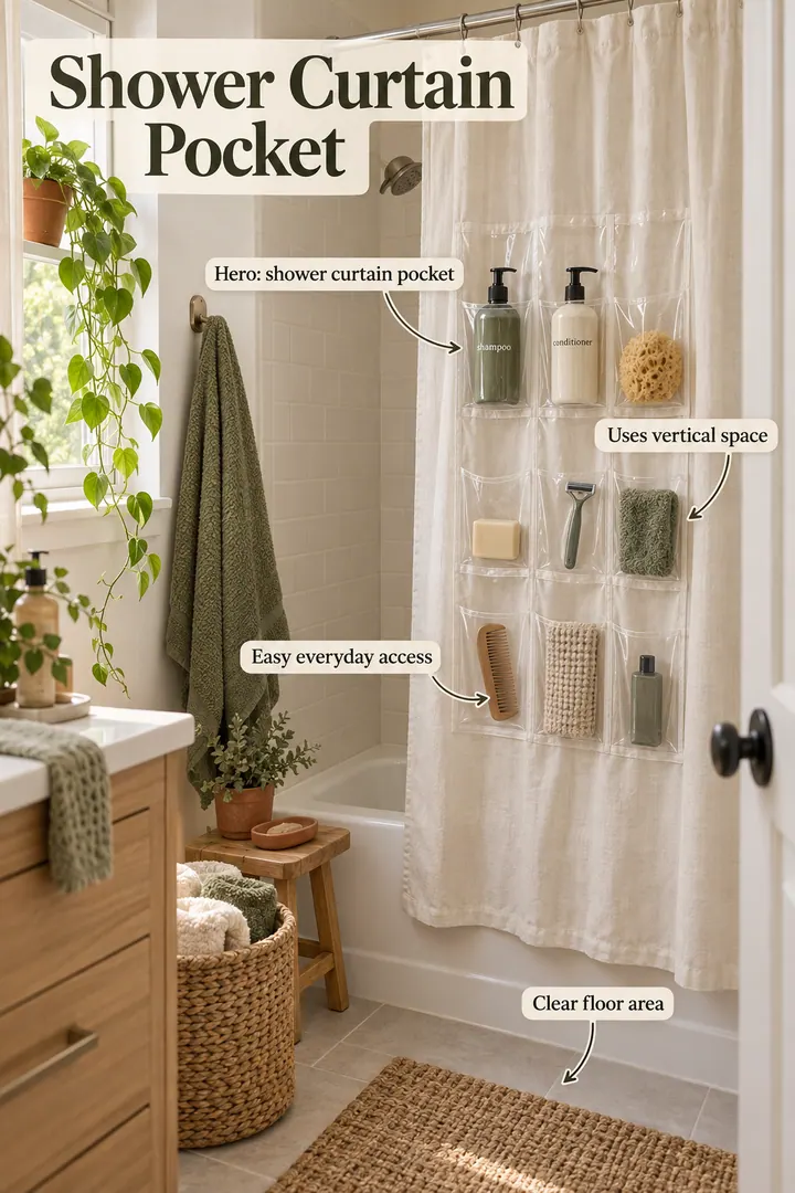Small rental shower with a fabric curtain liner featuring clear pockets showing shower curtain pocket in a warm realistic compact home.