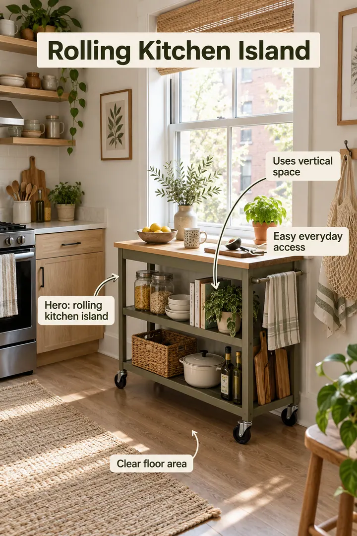 Studio kitchenette with a slim rolling island parked under a window showing rolling kitchen island in a warm realistic compact home.