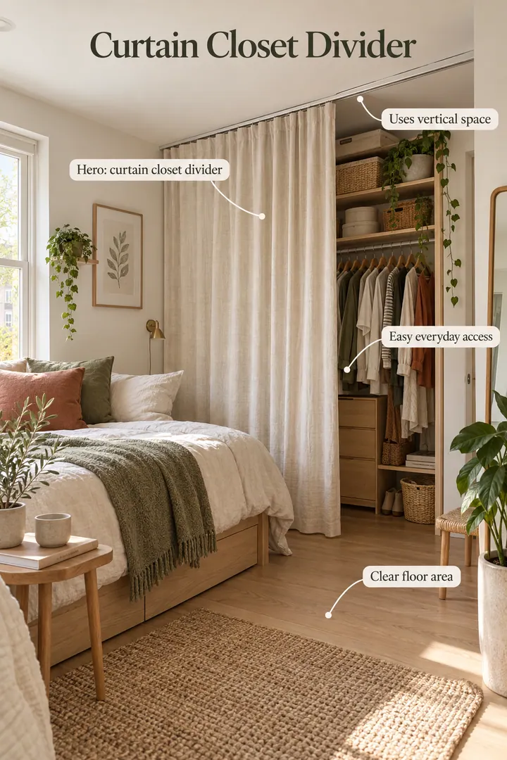 Studio sleeping area screened by a ceiling-track linen curtain showing curtain closet divider in a warm realistic compact home.