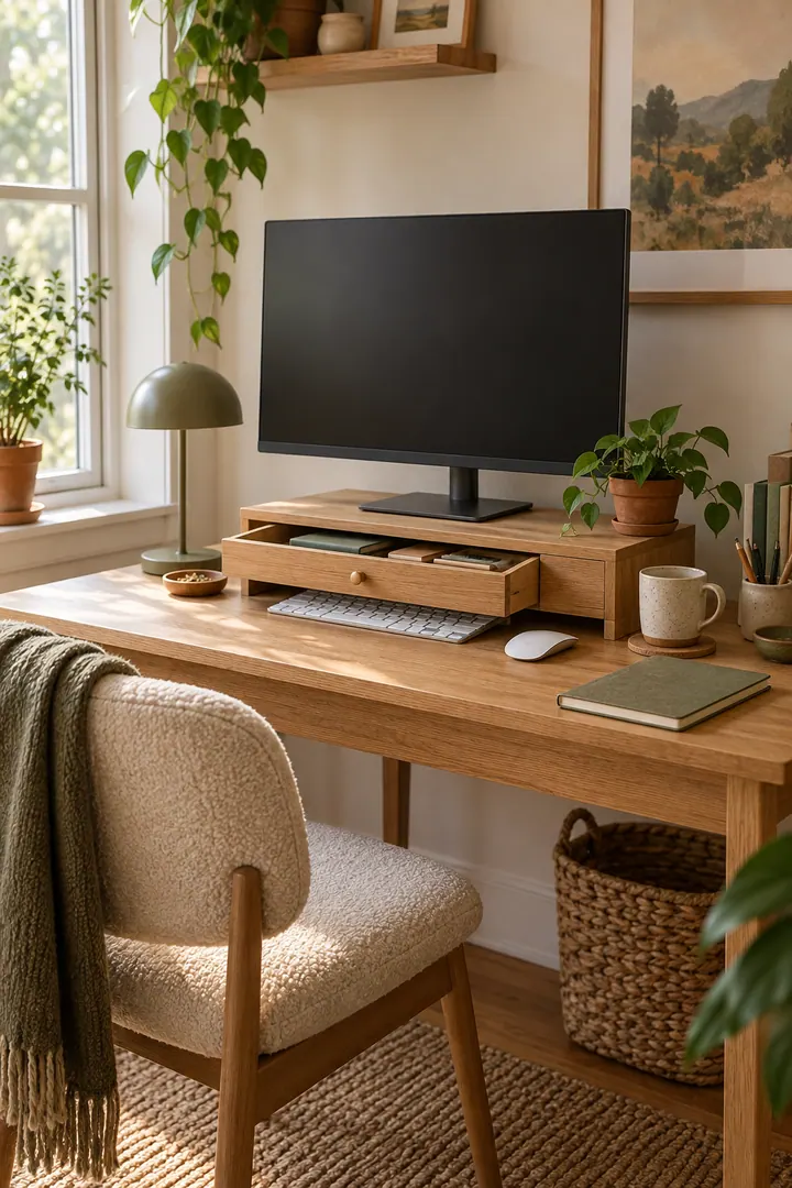 Compact home office desk with a wood monitor riser and drawer showing monitor riser drawer in a warm realistic compact home.