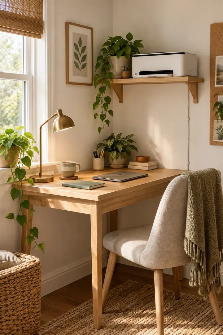 Small office corner with a wall-mounted shelf holding a compact printer showing wall mounted printer shelf in a warm realistic compact home.