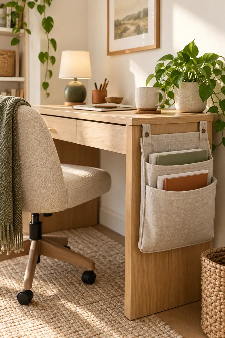 Small home office with a fabric file pocket hanging on the desk side showing desk side file pocket in a warm realistic compact home.