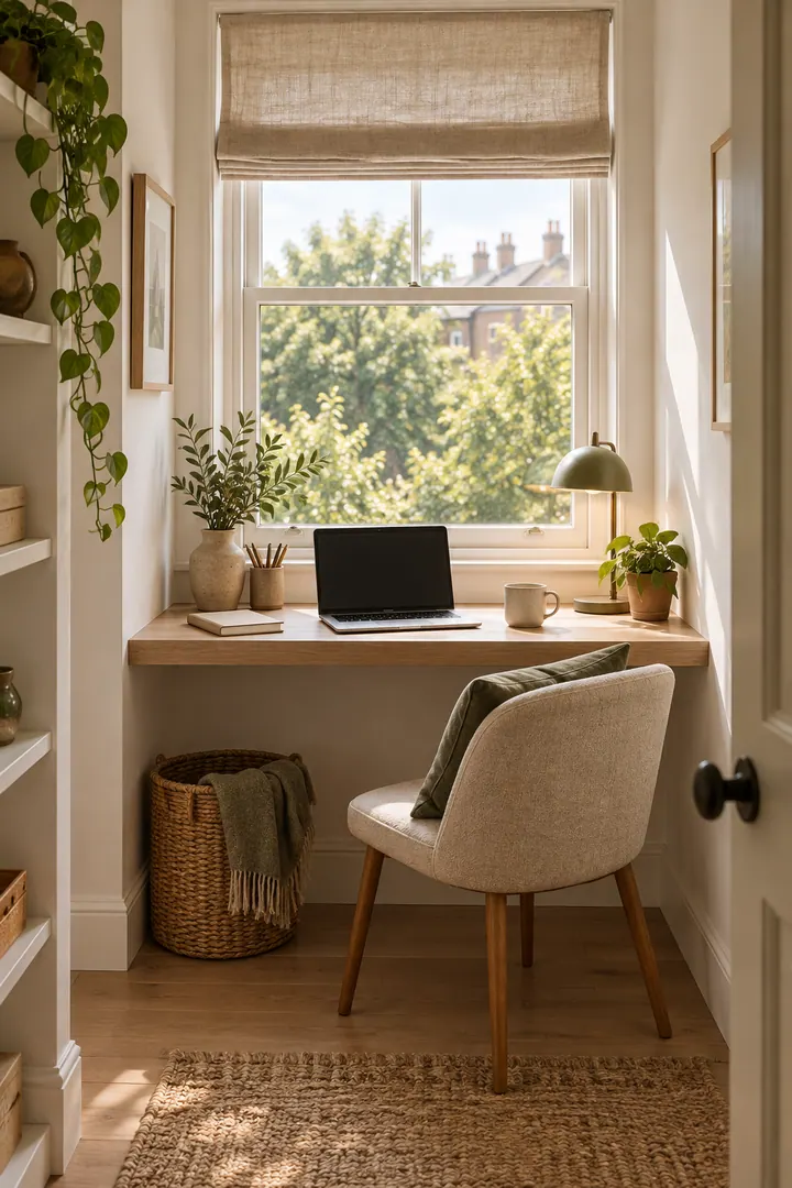 Compact office with a shallow desk fitted into a window reveal showing window reveal desk in a warm realistic compact home.