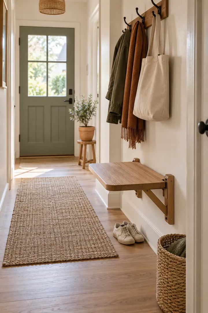 Narrow entry hall with a wall-mounted folding seat and coat hooks showing entryway folding seat in a warm realistic compact home.