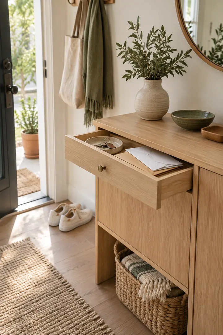 Compact entry cabinet with a shallow drawer for keys and mail showing key tray drawer front in a warm realistic compact home.
