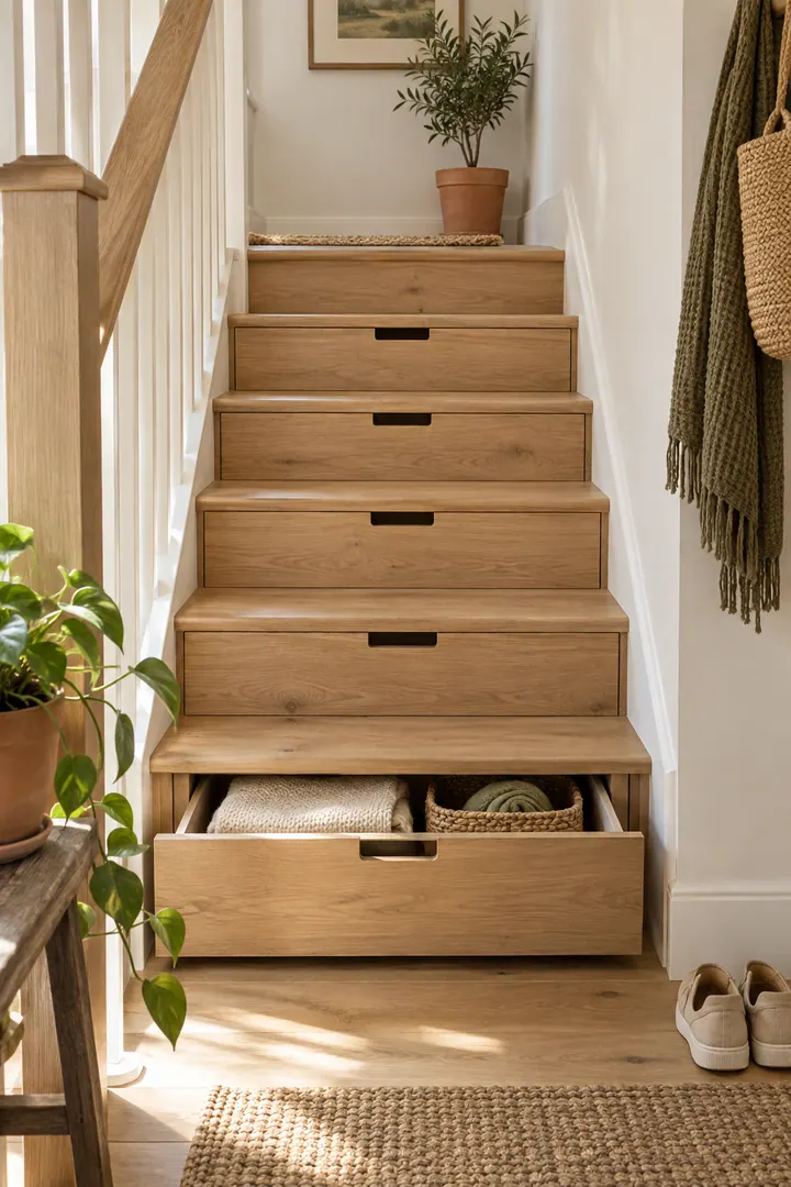 Small home stair landing with discreet drawers built into risers showing stair riser drawers in a warm realistic compact home.