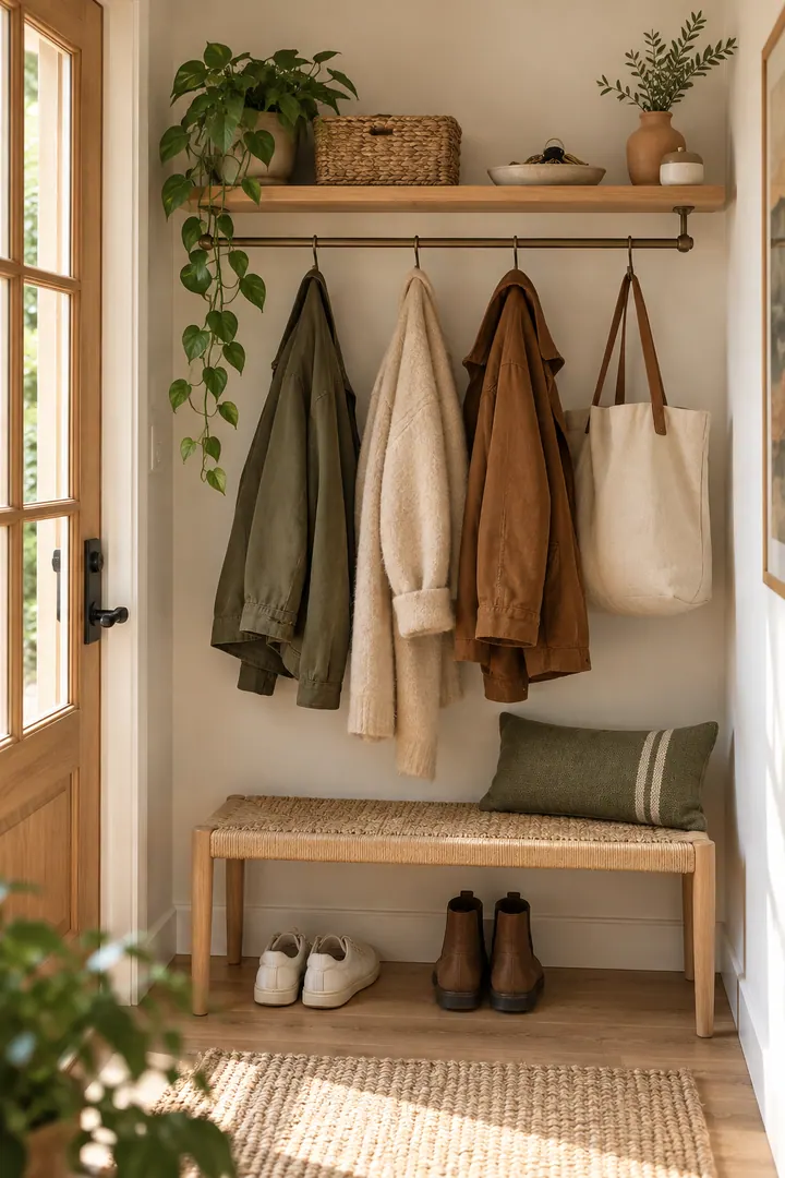 Small entry wall with a slim rail beneath a continuous shelf showing coat rail shelf combo in a warm realistic compact home.