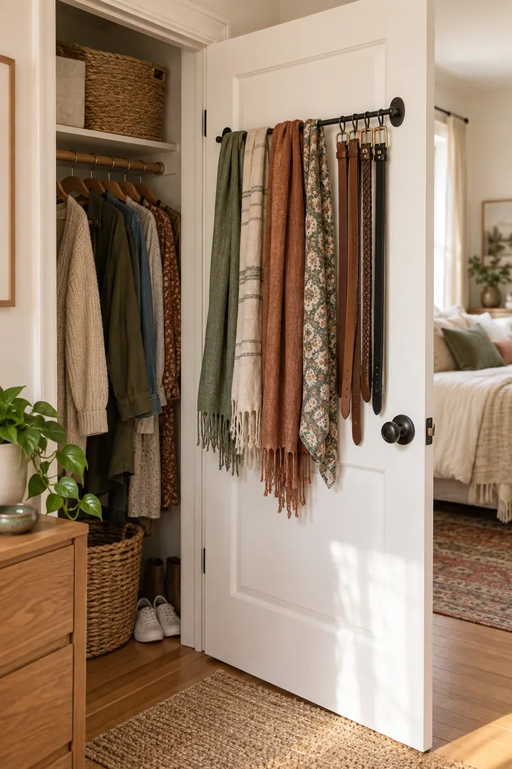 Closet door interior with a slim rail holding scarves and belts showing closet door scarf rail in a warm realistic compact home.