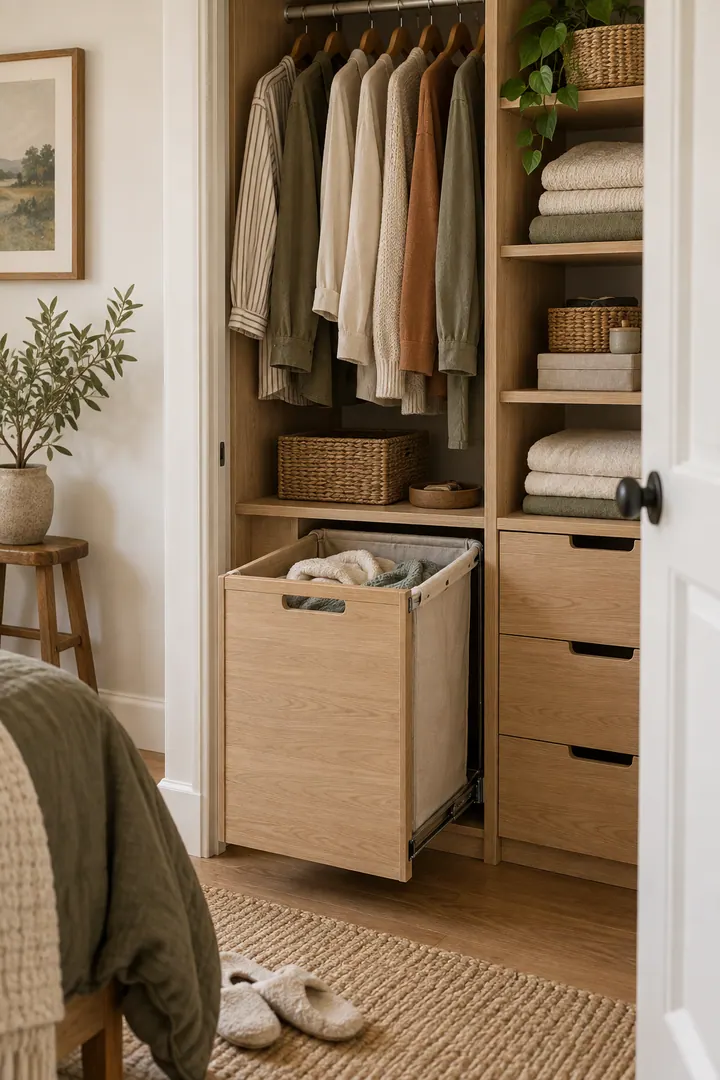 Compact closet with a pull-out hamper inside a lower cubby showing pull out hamper cubby in a warm realistic compact home.