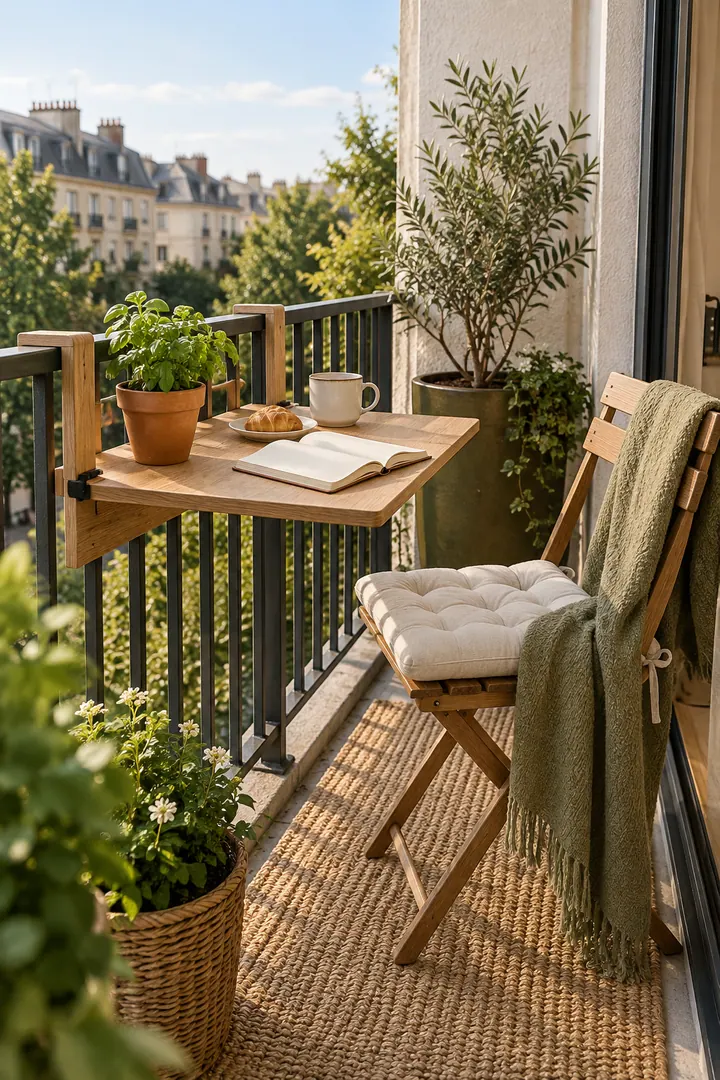 Tiny balcony with a fold-down table clipped to the railing showing balcony rail table in a warm realistic compact home.