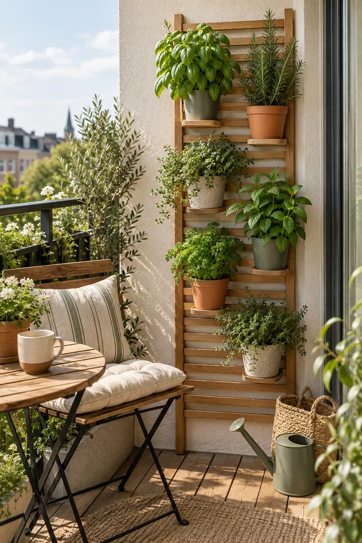 Compact balcony with a slim vertical herb trellis and pots showing vertical herb trellis in a warm realistic compact home.