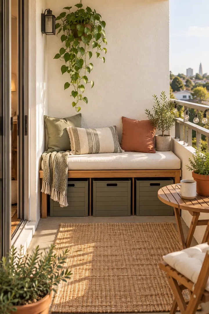 Small balcony with a cushion-topped bench over weatherproof boxes showing bench over storage boxes in a warm realistic compact home.