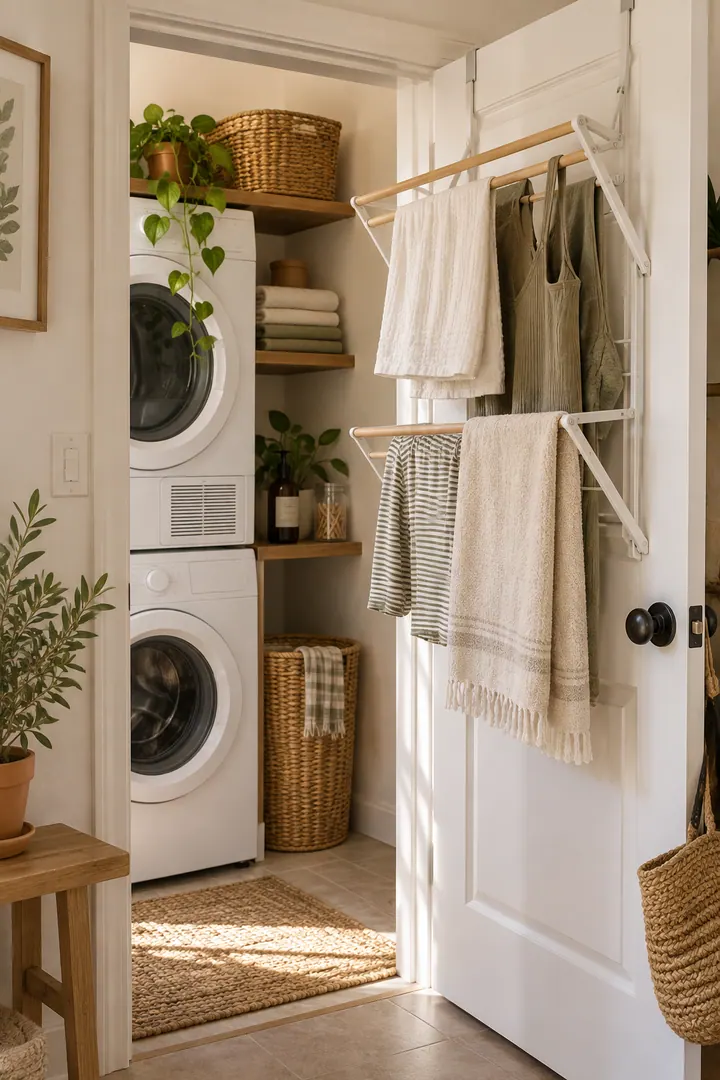 Tiny laundry area with an over-door folding drying rack showing laundry door drying rack in a warm realistic compact home.
