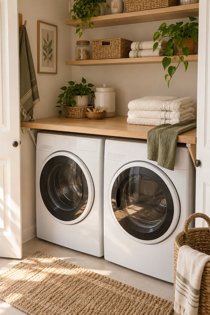 Compact laundry closet with a removable counter over front-load machines showing washer top folding counter in a warm realistic compact home.