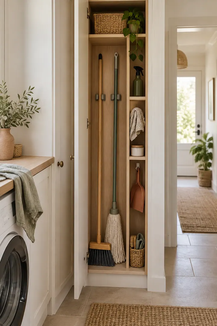Slim laundry cupboard with a tall broom and mop tower showing narrow laundry broom tower in a warm realistic compact home.