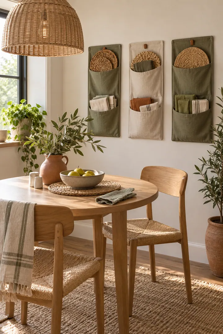 Compact dining wall with slim pockets storing folded placemats and napkins showing wall pocket dining storage in a warm realistic compact home.