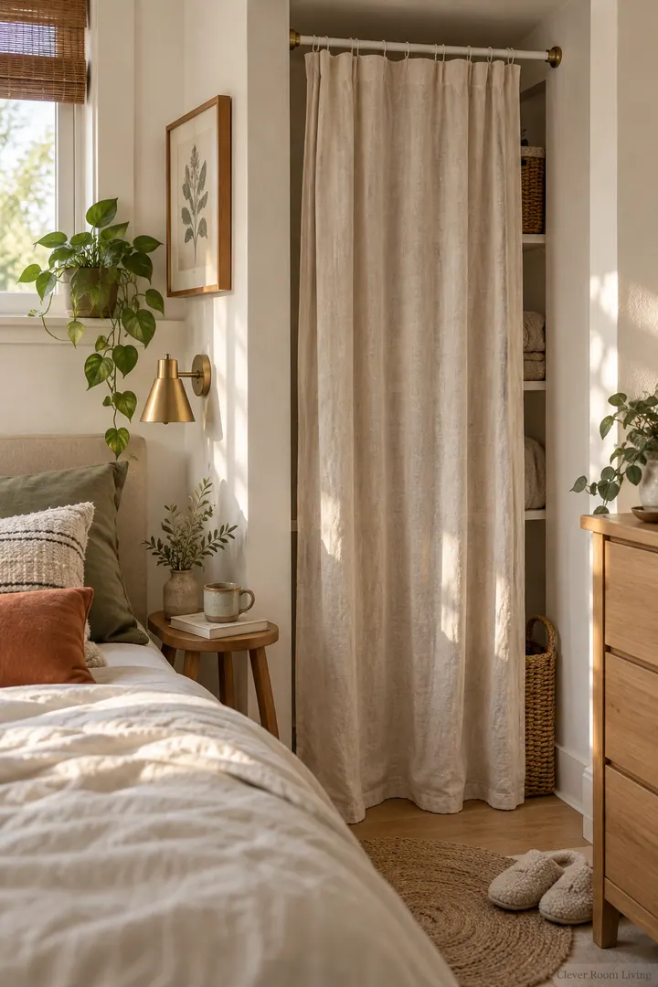 Compact rental bedroom with a linen curtain hung from a tension rod showing tension rod curtain nook in a warm realistic compact home.