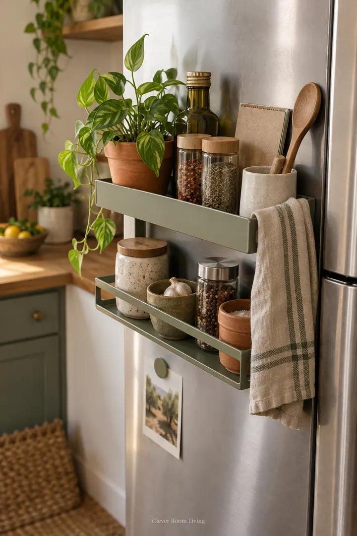 Small kitchen with a slim magnetic shelf on the refrigerator side showing magnetic fridge side shelf in a warm realistic compact home.