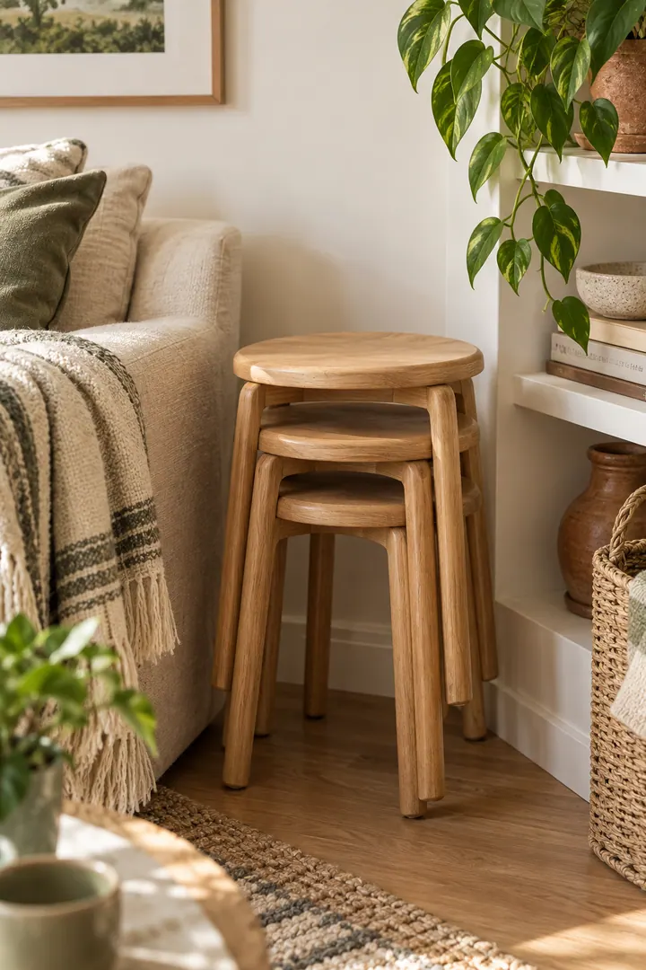 Small living space with three stools stacked as a neat side column showing nesting stool column in a warm realistic compact home.