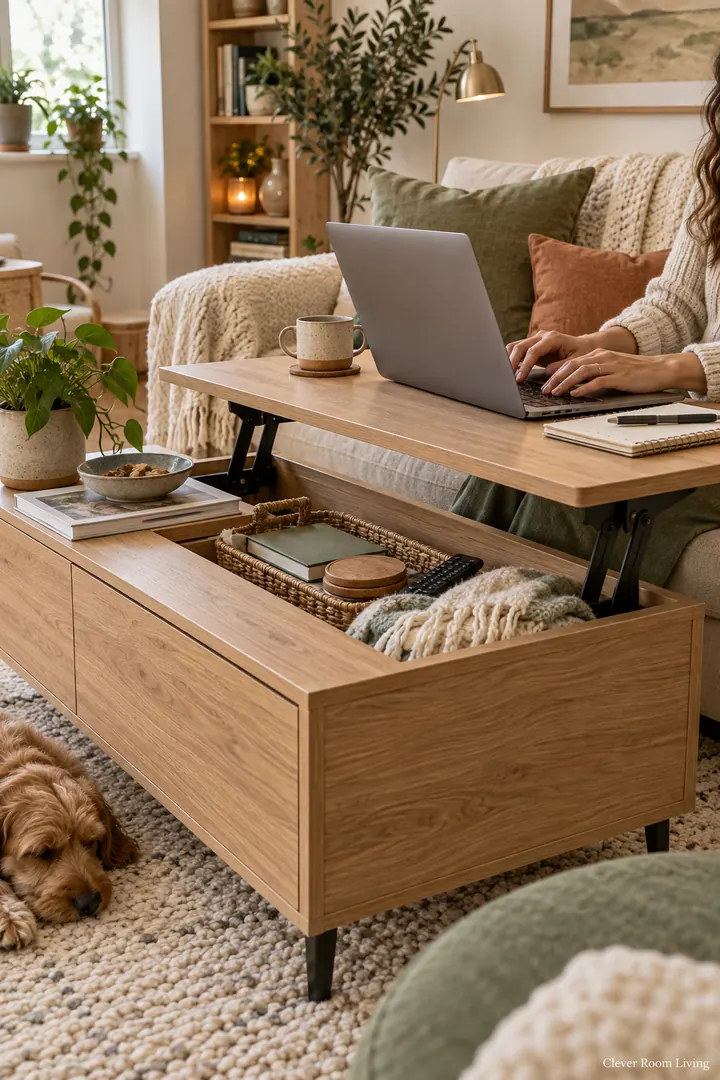 Compact living room with a lift-top coffee table used as a laptop desk showing lift top coffee desk in a warm realistic compact home.