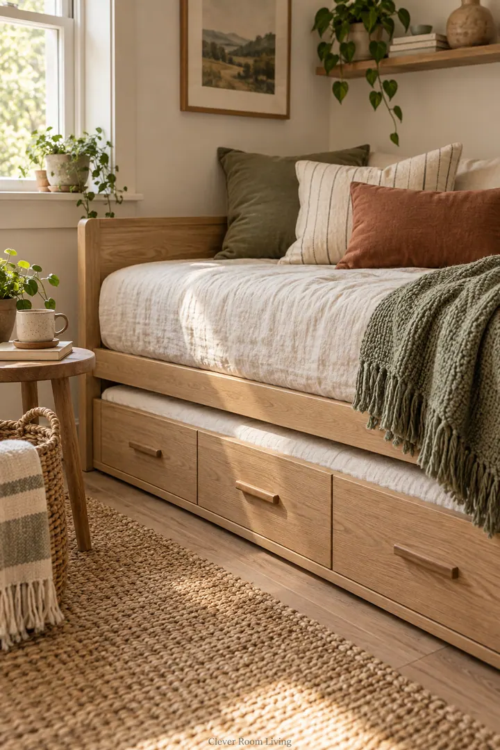Small multipurpose room with a daybed and a neatly tucked trundle showing trundle daybed drawers in a warm realistic compact home.