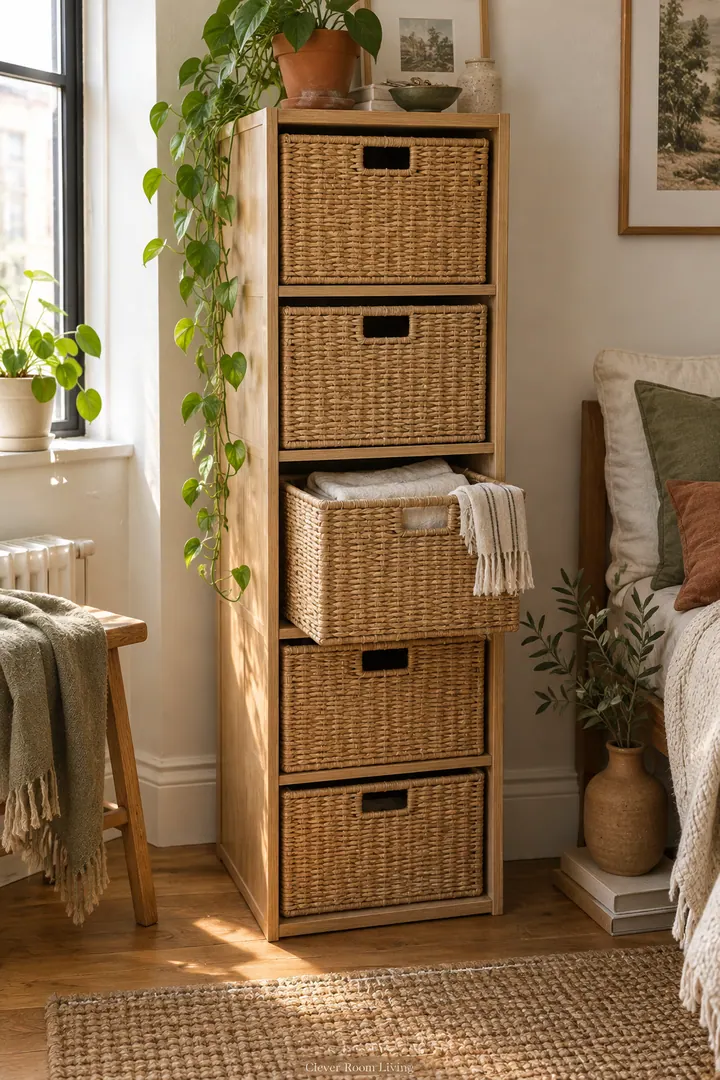 Compact apartment corner with a tall cabinet of sliding woven baskets showing sliding basket cabinet in a warm realistic compact home.