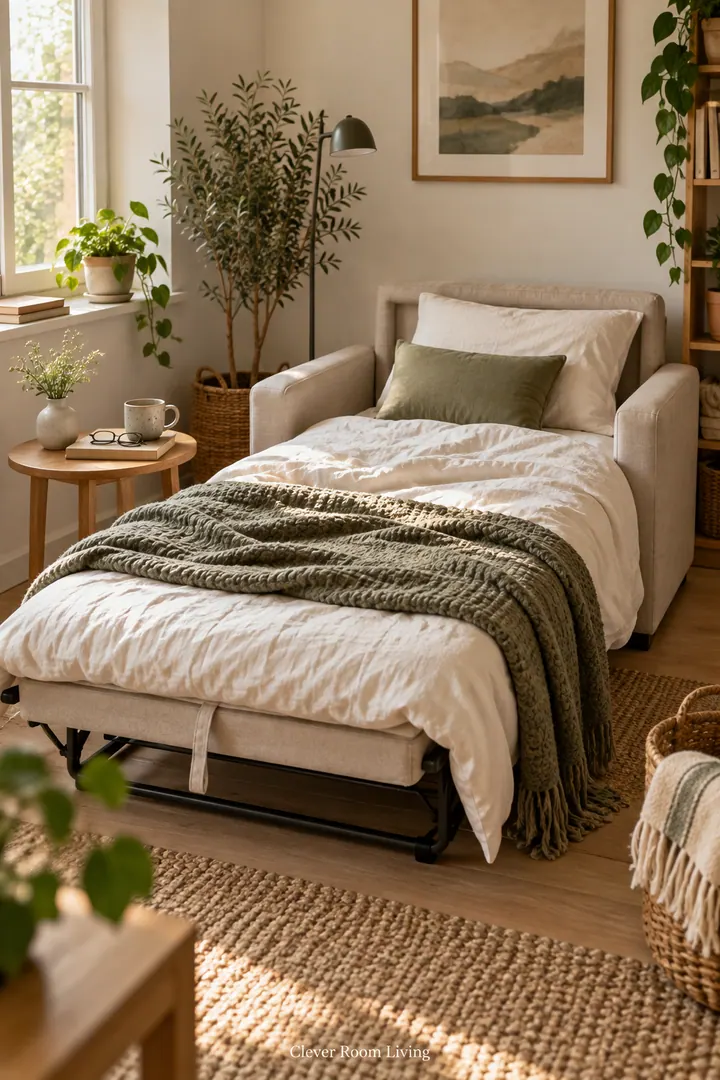 Small studio lounge with a compact armchair unfolded into a guest bed showing folding armchair bed in a warm realistic compact home.