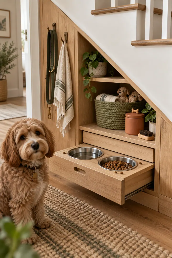 Compact home stair nook with a tidy pet station and pull-out bowls showing under stairs pet station in a warm realistic compact home.