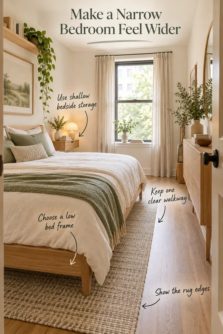 Annotated narrow apartment bedroom with a low oak bed, shallow bedside storage, visible rug edges, and a clear walkway.
