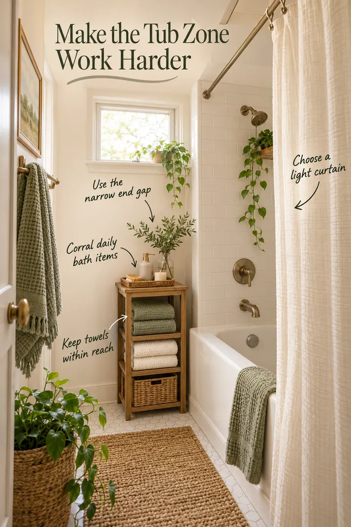 Annotated small bathroom tub zone with a narrow end table, reachable towels, contained bath products, and a light curtain.