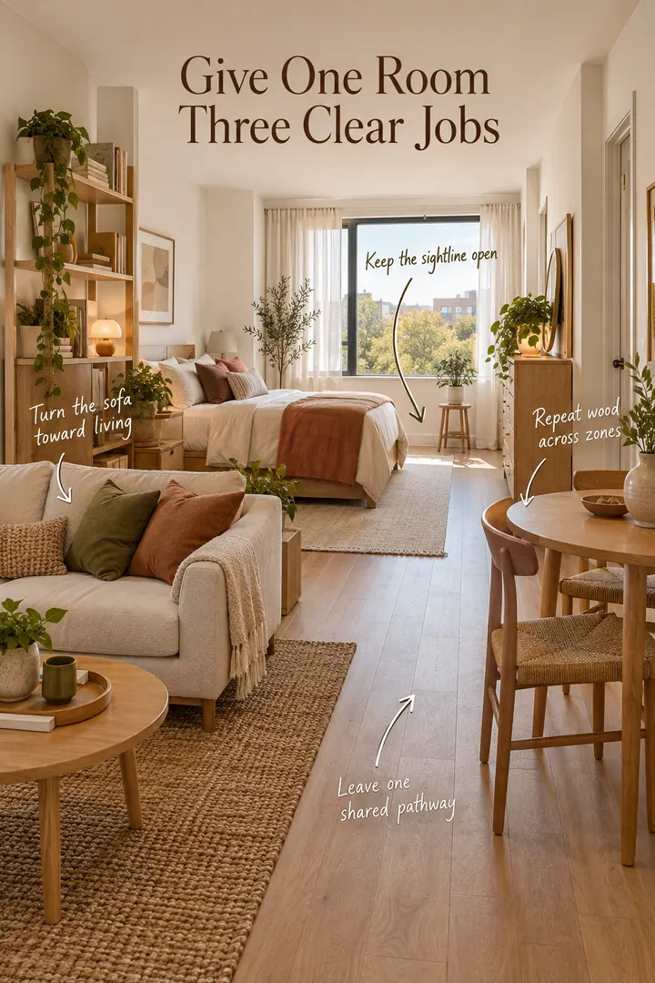 Annotated studio apartment with distinct sleeping, living, and dining zones connected by one open pathway.