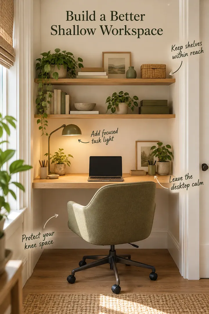 Annotated shallow closet workspace with open knee space, reachable shelves, task lighting, and a clear oak desktop.