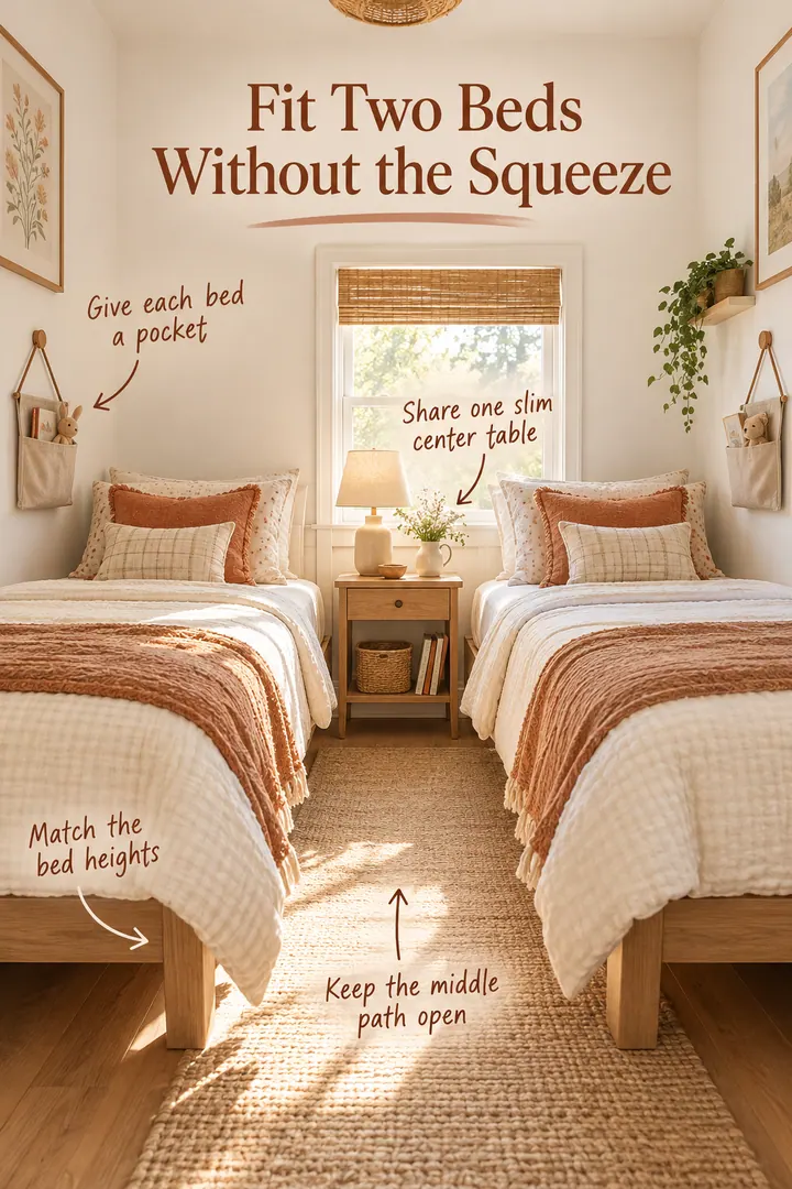 Annotated compact shared bedroom with two twin beds, one central table, individual wall pockets, and an open center path.