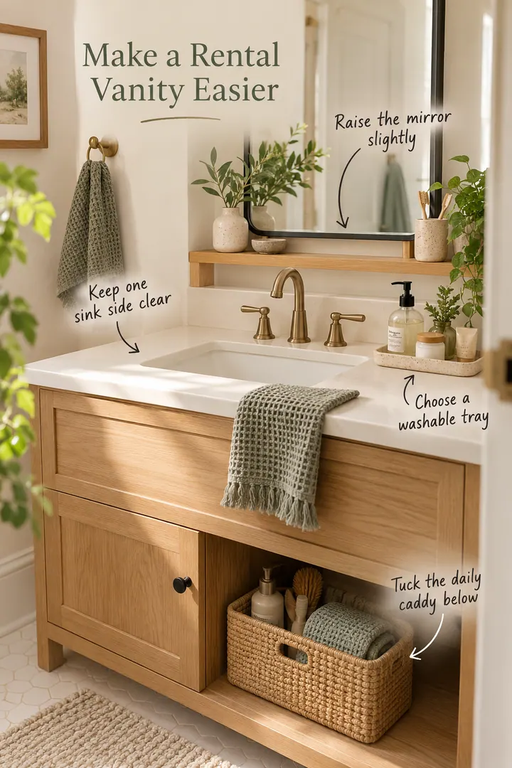 Annotated rental vanity with one clear sink side, a washable tray, raised mirror surface, and a daily caddy below.