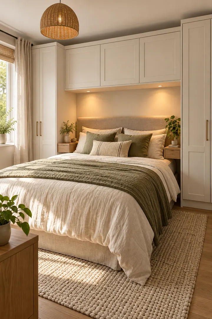 Compact bedroom with shallow wardrobes and bridge cabinets framing an open, softly lit bed niche.