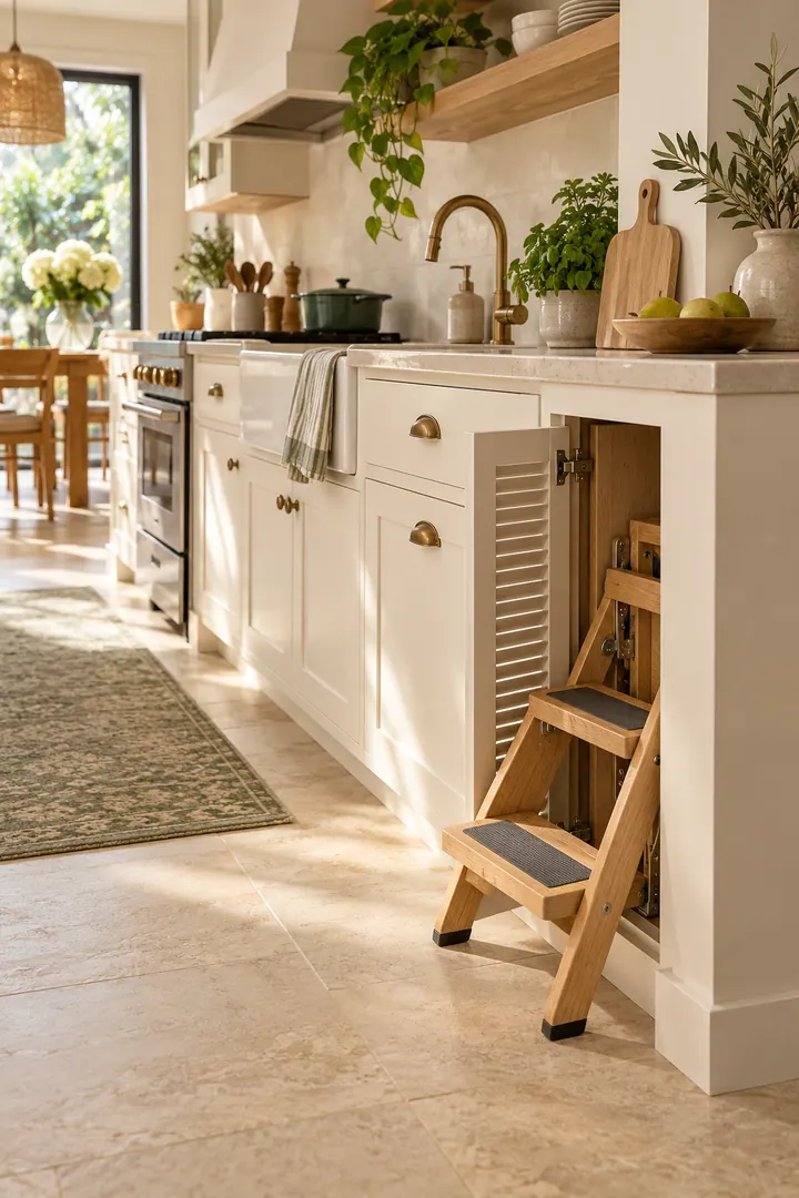 Slim folding step stool partially pulled from a low dedicated compartment in a compact apartment kitchen.