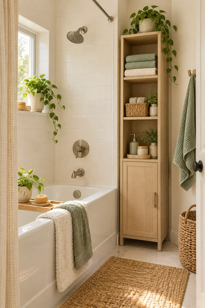 Tiny bathroom with a narrow freestanding towel and toiletry tower fitted neatly at the end of the bathtub.
